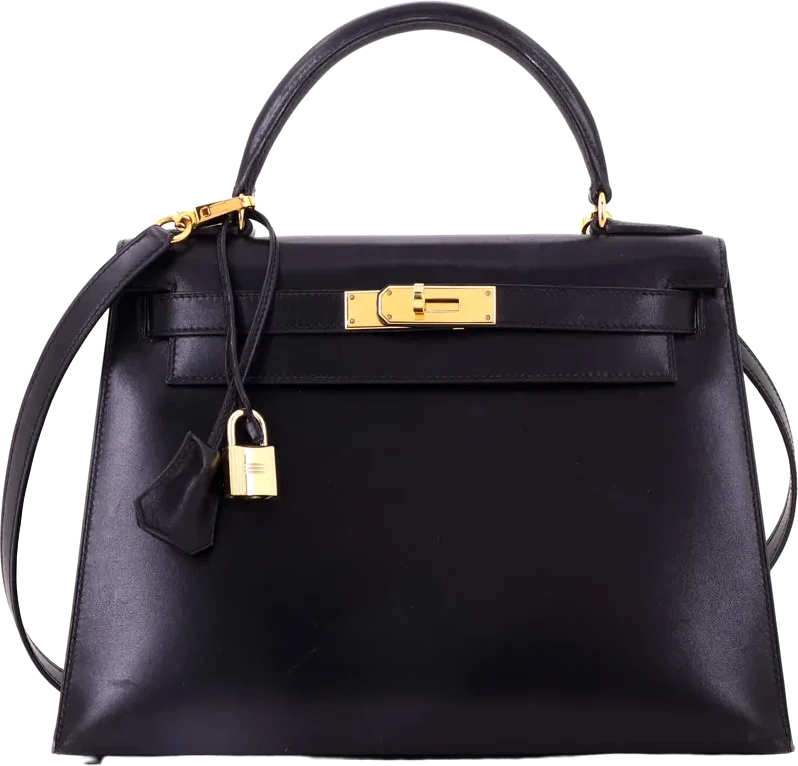 A black box-calf handbag with gold hardware, half lost in the dark.